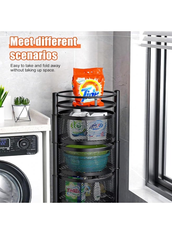 5-tier vegetable rack, made of rust-resistant metal; 360-degree rotating kitchen organizer basket; round carbon steel storage rack; black wheeled storage trolley; no fruit basket required; side storage shelf - black - Image 5